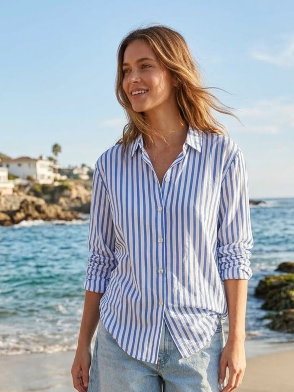 Bella Dahl Women's Shirt Boyfriend Button Down Bahia Breeze Stripe Sz L *NWT